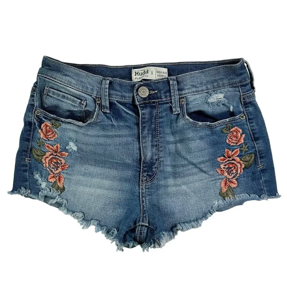 Mudd Jean Shorts 5 High Rise Shortie Floral Embroidered Frayed Raw Hem Stretch - Picture 8 of 13